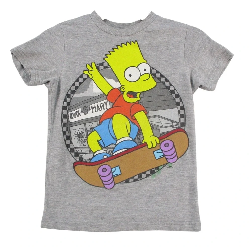 The Simpsons Bart Simpson Skateboard Kwik-E-Mart Gray Graphic T-Shirt Kids XS